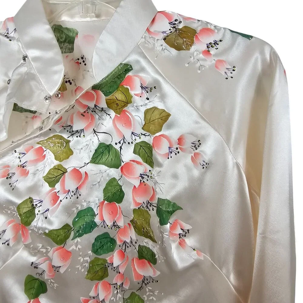 VTG Robe + Pant Sleepwear Set White Satin Floral Soft Loungewear Retro MCM OS